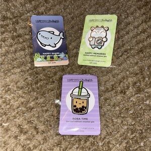 3 Hubman and Chubgirl enamel pins Happy Shark Happy Memories Boba Time pin cow